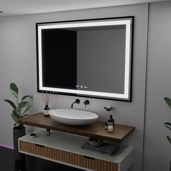 LED Tükör, téglalap alakú, 100x70 cm, Verite Majeste Noir Motion Glow Marcello, páramentesítő rendszer, óra és hőmérő, dimmelhető