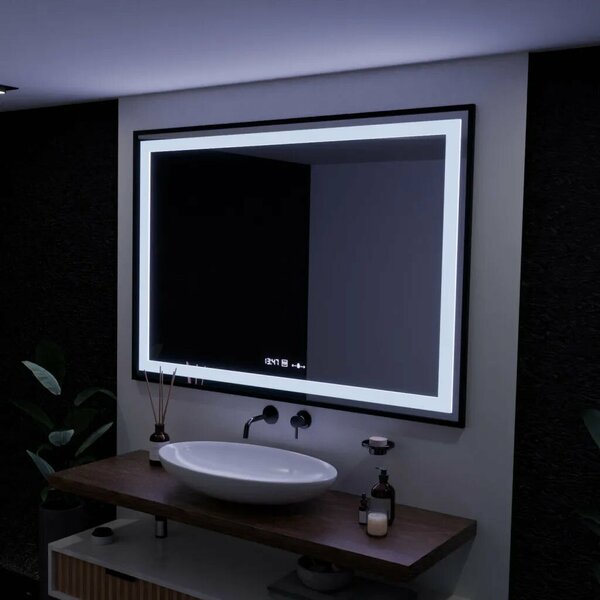 LED Tükör, téglalap alakú, 100x70 cm, Verite Majeste Noir Motion Glow Marcello, páramentesítő rendszer, óra és hőmérő, dimmelhető
