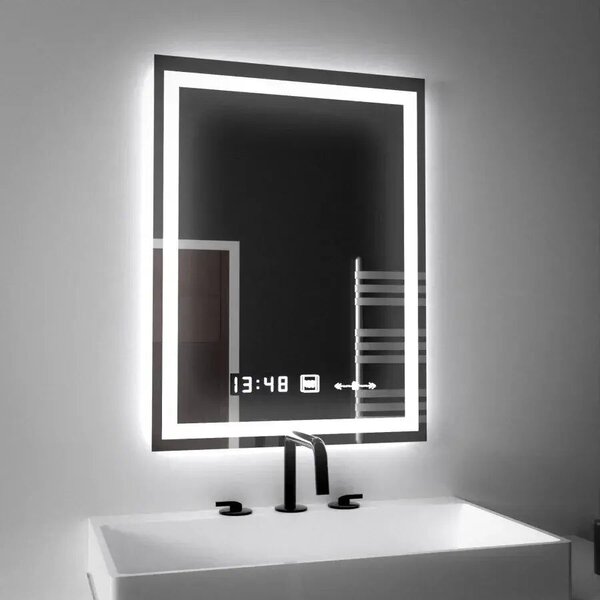 Téglalap alakú LED tükör, 45x60cm, Verite MotionGlow Marcello, páramentesítő rendszer, óra és hőmérő, szabályozható