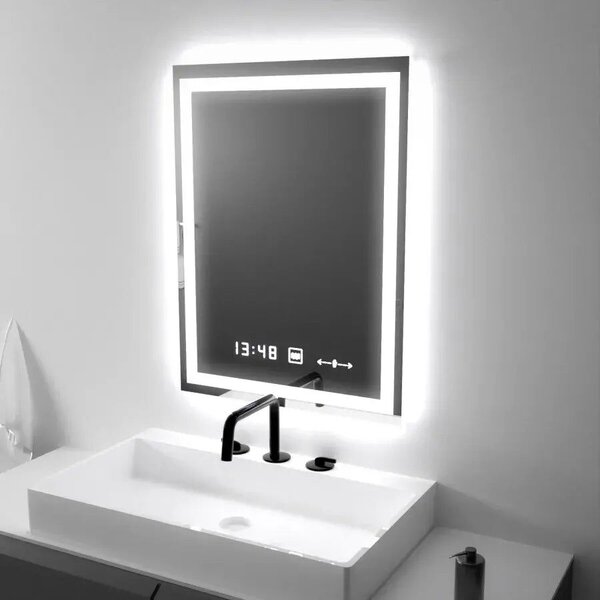 Téglalap alakú LED tükör, 45x60cm, Verite MotionGlow Marcello, páramentesítő rendszer, óra és hőmérő, szabályozható