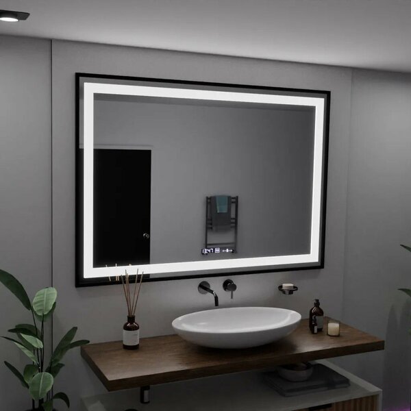 LED Tükör, téglalap alakú, 100x70 cm, Verite Majeste Noir Motion Glow Marcello, páramentesítő rendszer, óra és hőmérő, dimmelhető