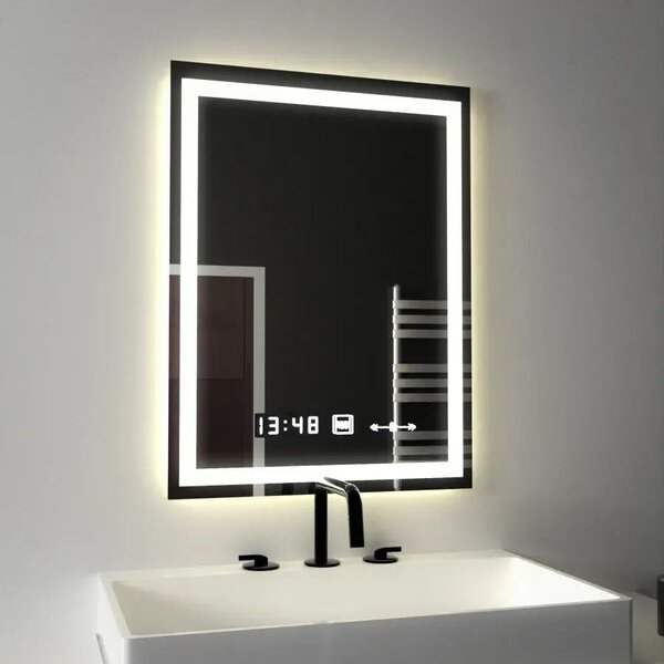 Téglalap alakú LED tükör, 45x60cm, Verite MotionGlow Marcello, páramentesítő rendszer, óra és hőmérő, szabályozható
