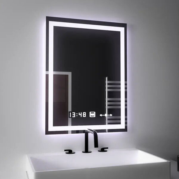 Téglalap alakú LED tükör, 45x60cm, Verite MotionGlow Marcello, páramentesítő rendszer, óra és hőmérő, szabályozható