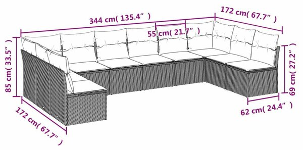 VidaXL Polyrattan Kerti Ülőgarnitúra - 10 részes - Szürke