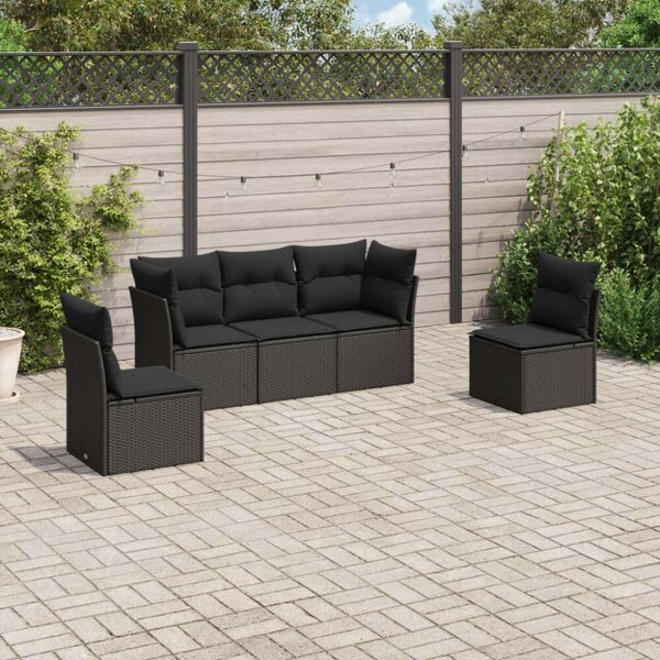VidaXL 5 részes fekete polyrattan kerti kanapészett párnákkal