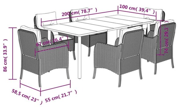 VidaXL Polyrattan Kerti Étkezőgarnitúra - 7 részes - Fekete