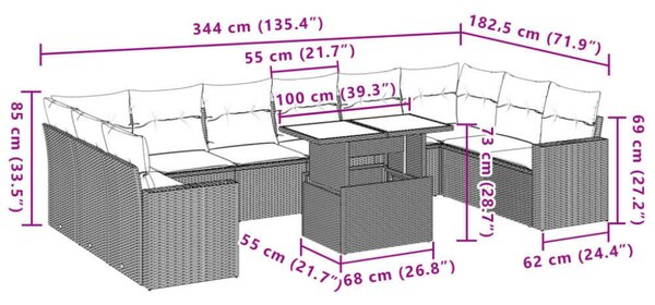VidaXL Polyrattan Kerti Ülőgarnitúra - 11 részes - Fekete