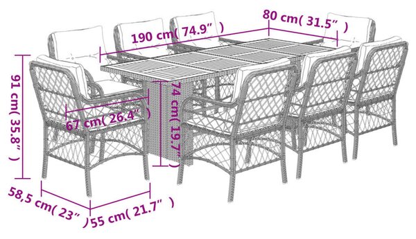 VidaXL 9 részes bézs polyrattan kerti étkezőgarnitúra párnákkal