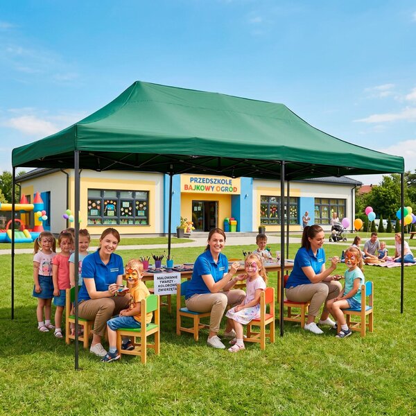Springos kerti pavilon levehető oldalfalakkal 3x6m, zöld