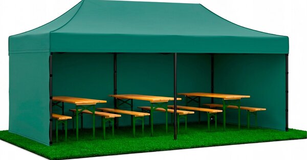 Springos kerti pavilon levehető oldalfalakkal 3x6m, zöld