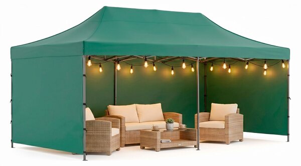 Springos kerti pavilon levehető oldalfalakkal 3x6m, zöld