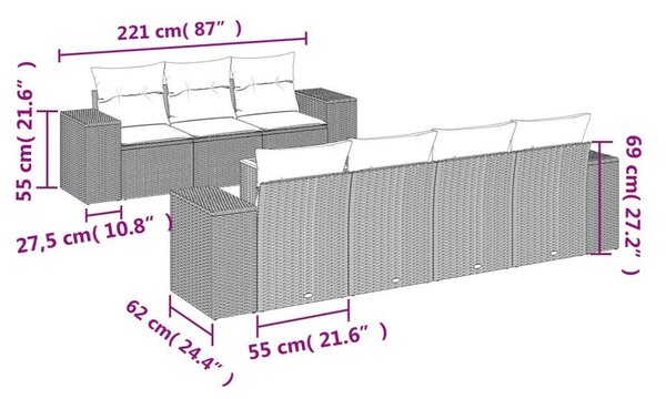 VidaXL Polyrattan Kerti Ülőgarnitúra - 8 Részes - Szürke