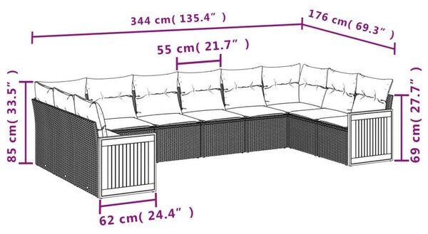 Polyrattan Kerti Ülőgarnitúra - 10 részes - Szürke