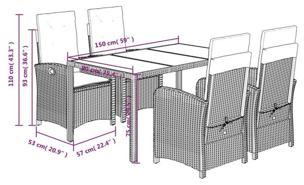 VidaXL 5 részes Kerti Étkezőgarnitúra - Fekete Polyrattan