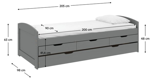 KONDELA Ágy kihúzható pótággyal, szürke, tömörfa, 90x200, MARINELLA NEW