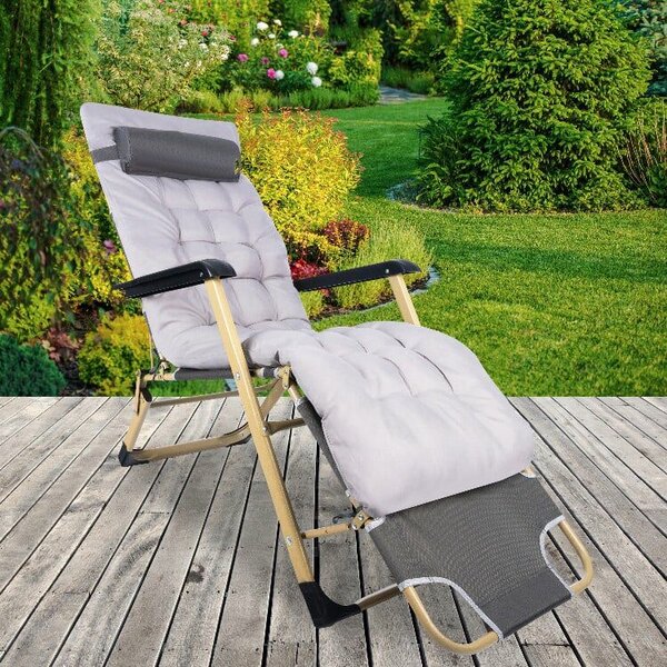 Összecsukható strandszék, kerti nyugágy fejpárnával, ágyfunkcióval, 64x178 cm, modern design, szürke