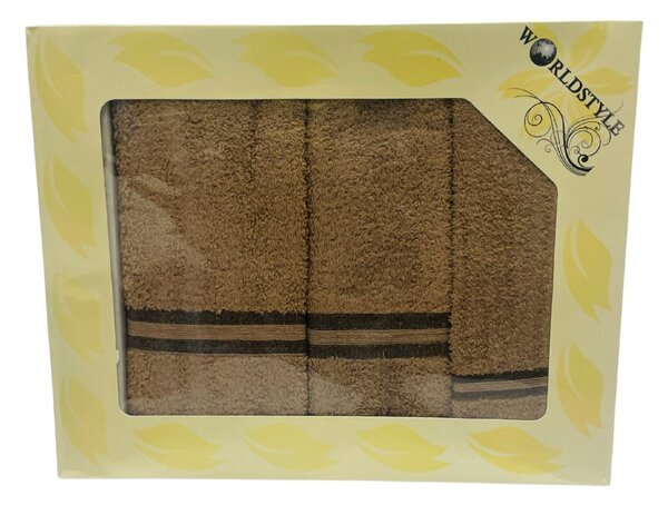 Ajándékcsomag 3 db 70x140 cm-es fürdőlepedőből és 50x100 cm-es, valamint 30x50 cm-es törölközőkből, barna színben, TiaHome