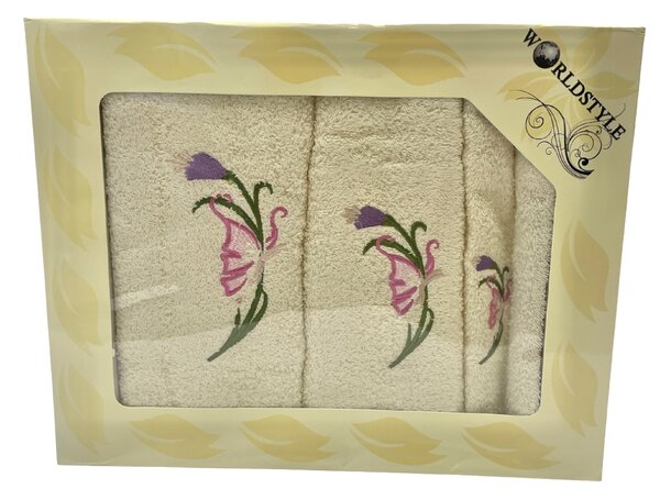 Ajándékcsomag 3 db 70x140 cm-es fürdőlepedőből és 50x100 cm-es, valamint 30x50 cm-es törölközőkből,tejszínes színben, TiaHome