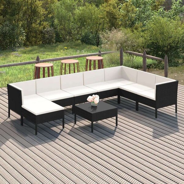 VidaXL 9 részes fekete polyrattan kerti ülőgarnitúra párnákkal