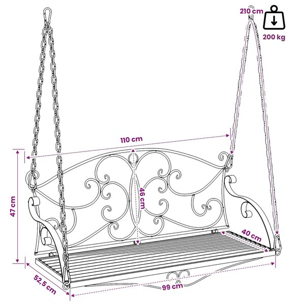 VidaXL Hinta Pad Acél 110 x 52,5 x 47 cm Antik fehér