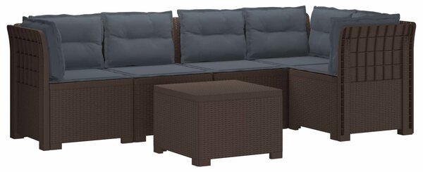 VidaXL Kerti kanapé, 5 személyes, párnákkal, rattan hatású, PP, barna