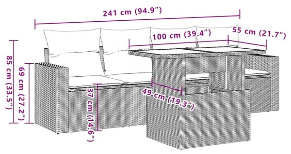 VidaXL 5 részes fekete polyrattan kerti kanapészett párnákkal