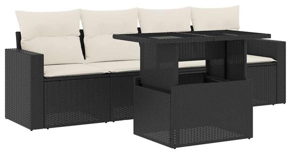 VidaXL 5 részes fekete polyrattan kerti kanapészett párnákkal