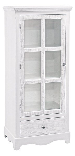 Vitrin 1 ajtóval és 1 fiókkal antik fehér fából, Blanc 48,5 cm x 32 cm x 114 cm