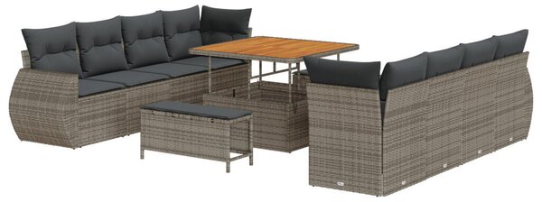 11 Részes Kerti Kanapé Szett Párnákkal Szürke Poly Rattan Akácia