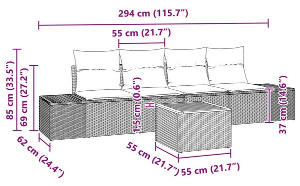 5 részes kerti kanapé készlet párnákkal szürke polirattan akácia