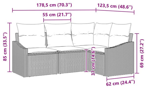 4 Részes Kert Kanapé Szett Párnákkal Világosszürke Poli Rattan