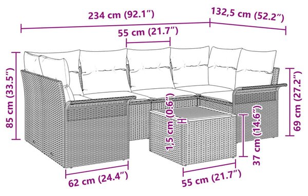 7 részes Kert Kanapé Szett Párnákkal Fekete Poli Rattan Akác