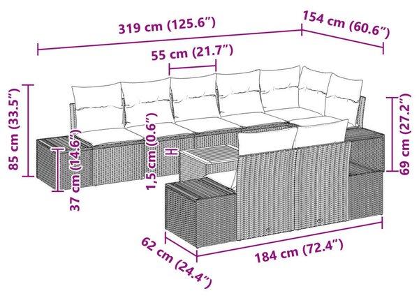 9 Részes Kerti Kanapékészlet Párnákkal Szürke Poli Rattan Akác