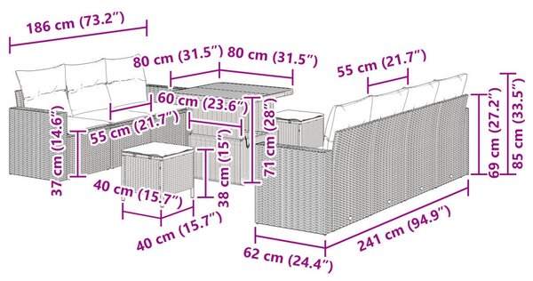 10 db-os Kert Kanapé Szett párnával Fekete Poli Rattan Akác