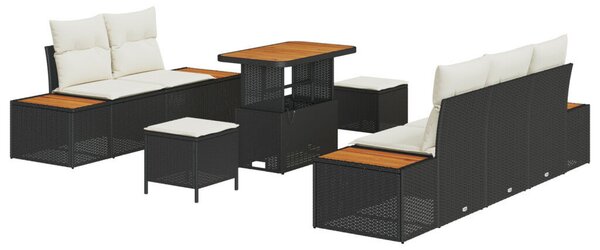 8 darabos kerti kanapészett párnákkal Fekete Poli rattan Akác, 3 darabos kerti étkezőgarnitúra párnákkal Fekete Poli rattan Akác