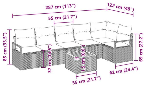 7 darabos kerti kanapé szett párnákkal Bézs Poli Rattan Akácia, 2 fős kerti kanapé párnákkal Bézs Poli Rattan