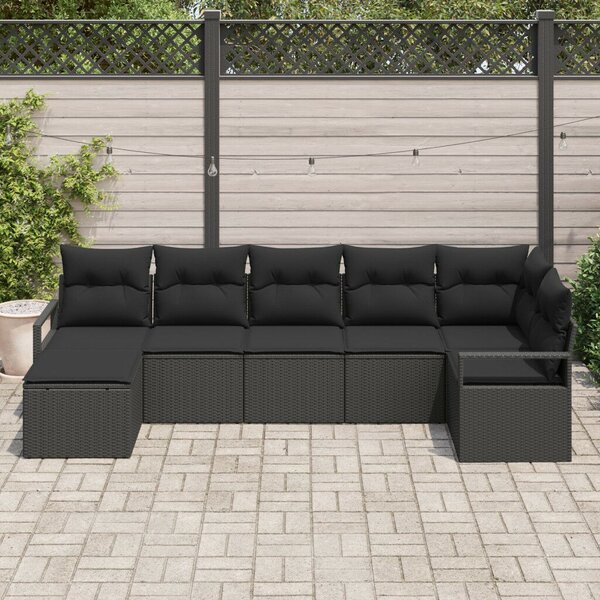 7 darabos kerti kanapé szett párnákkal fekete poly rattan, 2 személyes kerti kanapé párnákkal fekete poly rattan