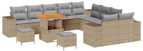 13 darabos Kert Sofa Szett Párnákkal Bézs Poli Rattan Akáciával, 3 darabos Kert Étkező Szett Párnákkal Bézs Poli Rattan Akáciával
