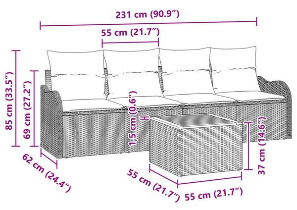 5 darabos kerti kanapé szett párnákkal, bézs poli rattan akáccal, 2 személyes kerti kanapé párnákkal, bézs poli rattan