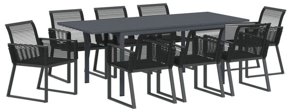 9 részes kerti étkező garnitúra fekete polirattan, bővíthető kerti asztal antracit (140-210)x90x73 cm acél