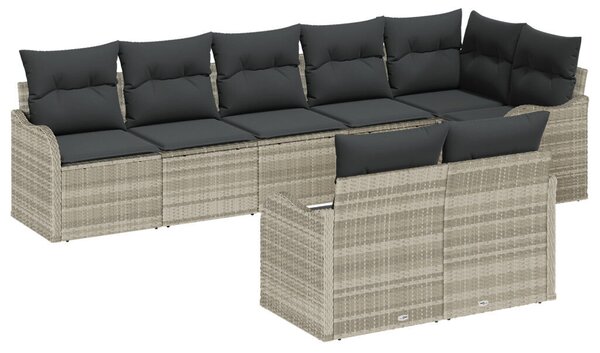 8 darabos kerti kanapé szett párnákkal világosszürke poli rattan, 2 fős kerti kanapé párnákkal világosszürke poli rattan