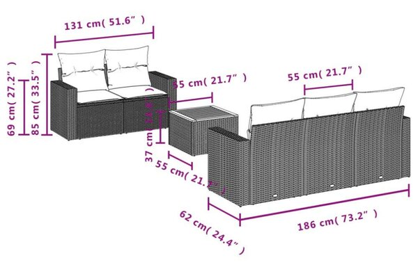 VidaXL 6 részes fekete polyrattan kerti ülőgarnitúra párnákkal
