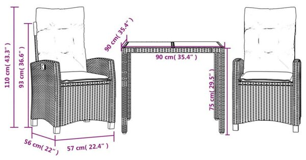 VidaXL Kerti Étkezőgarnitúra - 3 részes - Fekete Polyrattan