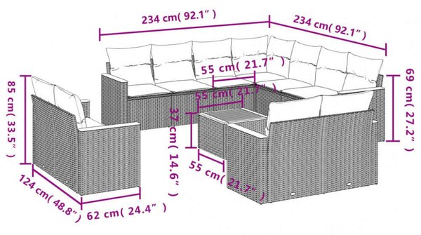 Polyrattan Kerti Ülőgarnitúra - 12 részes - Fekete