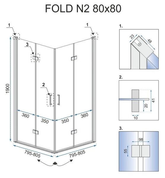 Rea - FOLD N2 összecsukható zuhanykabin 80 x 80 cm, átlátszó üveg, REA-K9990