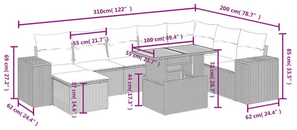 VidaXL Polyrattan Kerti Ülőgarnitúra - 9 részes - Bézs