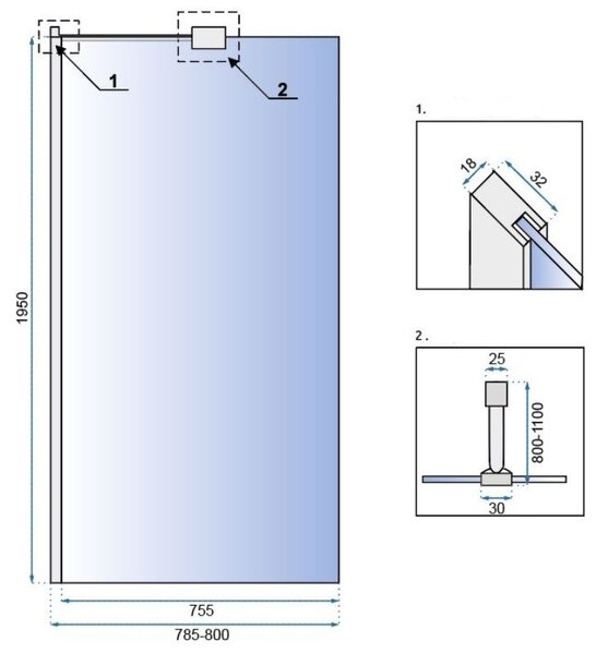 Rea AERO 80, zuhany paraván WALK IN, 1 lapos, 80 x 195 cm, fényes króm, átlátszó, REA-K7552