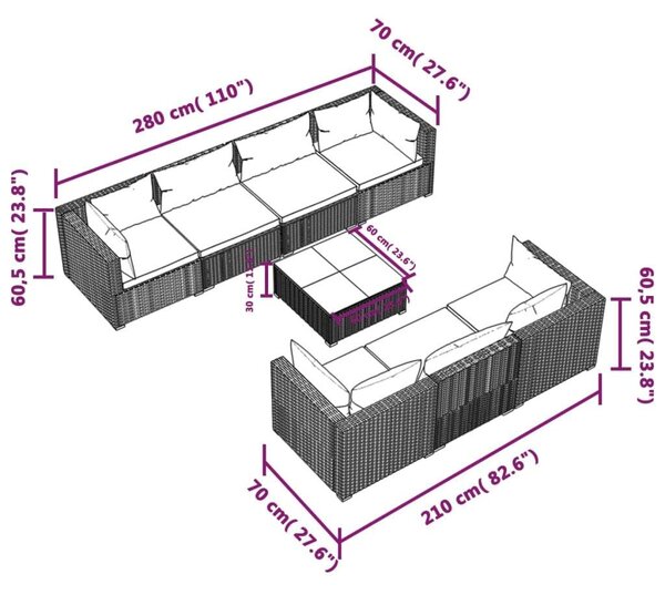 Polyrattan Kerti Ülőgarnitúra - 8 részes - Fekete - Türkiz Párnákkal
