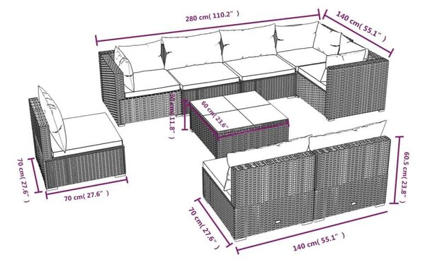 VidaXL Polyrattan Kerti Ülőgarnitúra - 9 részes - Fekete
