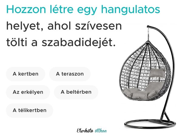 Fekete függőfotel KOKON állvánnyal, zöld-fehér párna